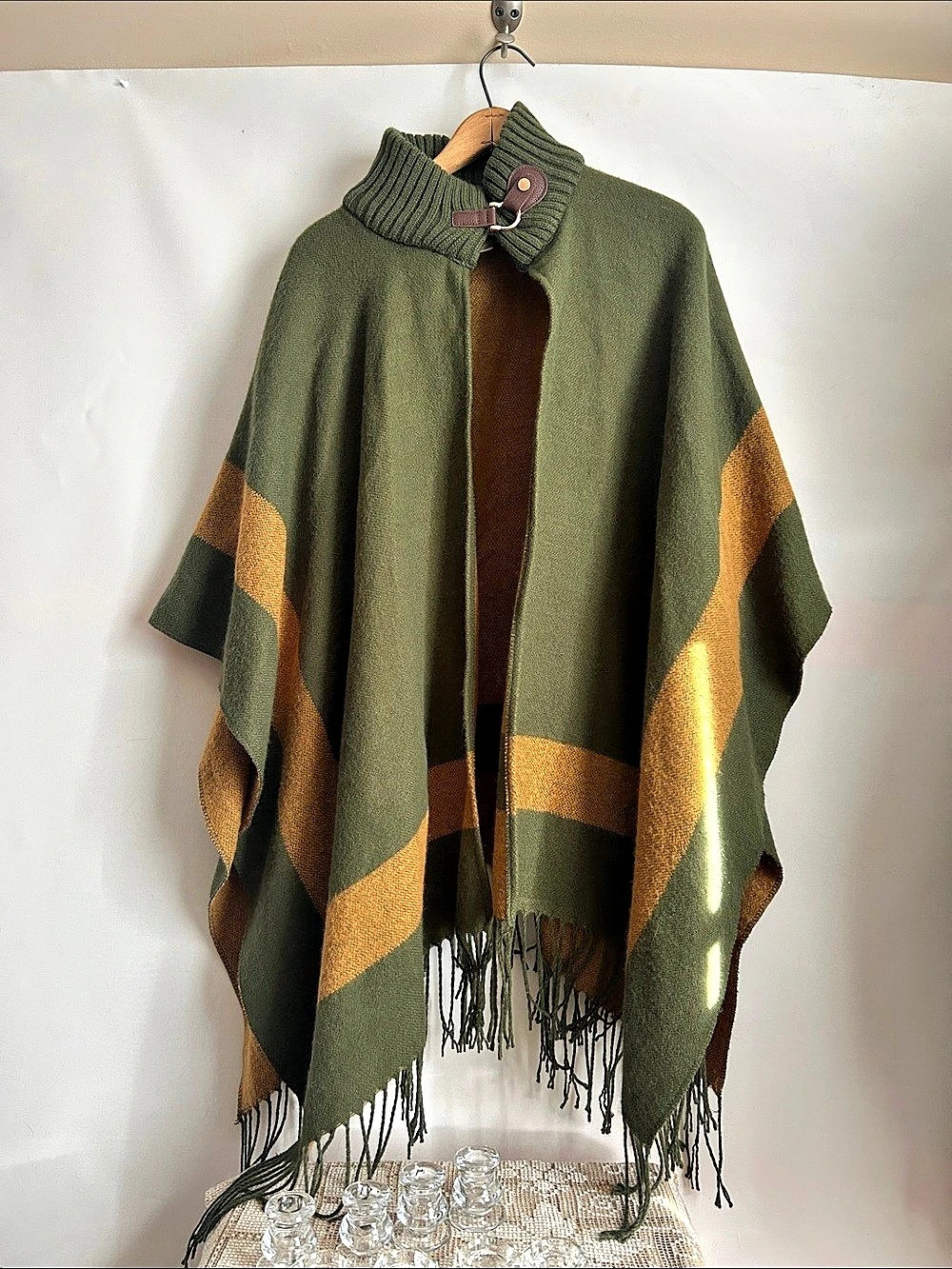 Anthropologie Faux-Leather Trim Poncho Green & Brown